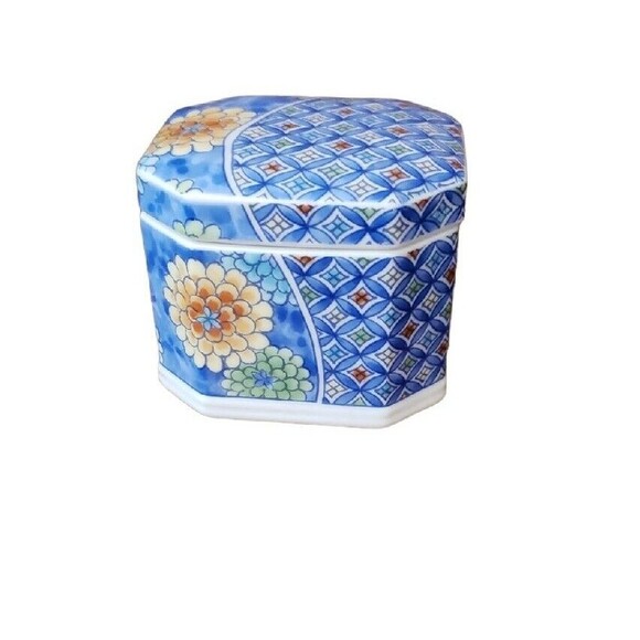 Ashibi Japan Porcelain Trinket Jewelry Box Lid Floral Blue White Vintage Small - Picture 1 of 11